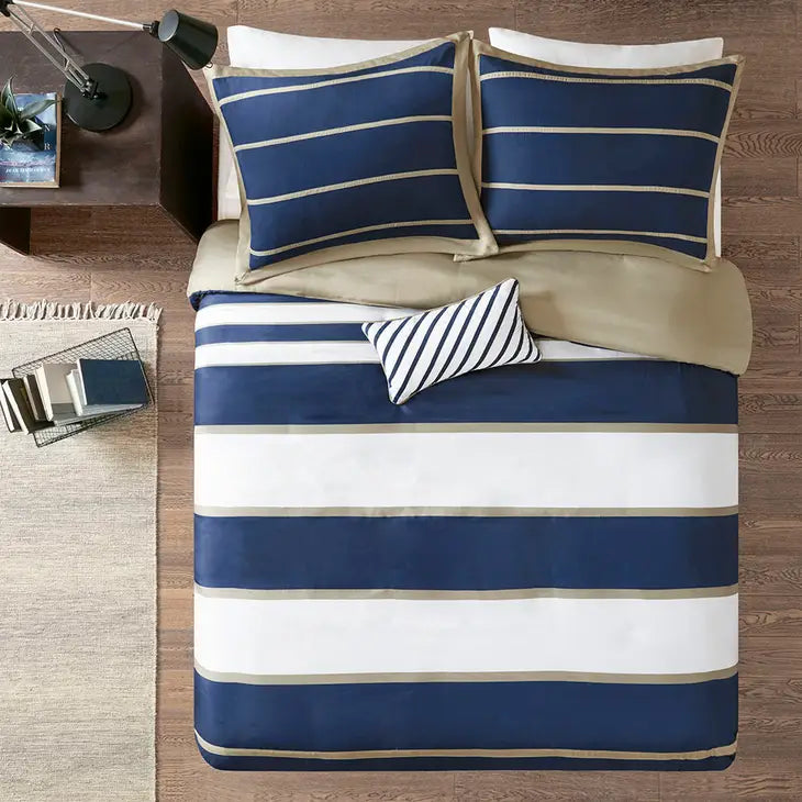 Stripes 4-Piece Comforter/Duvet Cover Set, Navy Blue/Khaki