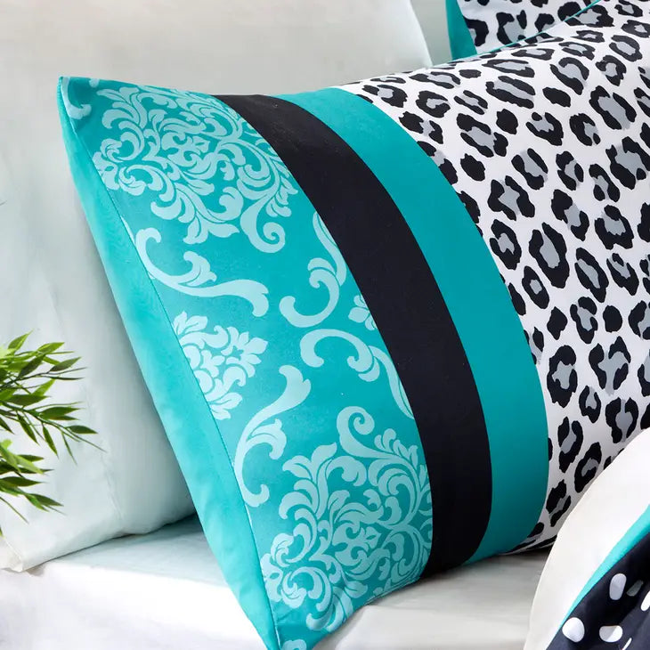 Leopard Damask 4-Piece Comforter Set, Teal Blue